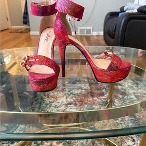 Anne Michelle Red-Pink Platform Ankle-Strap Heels